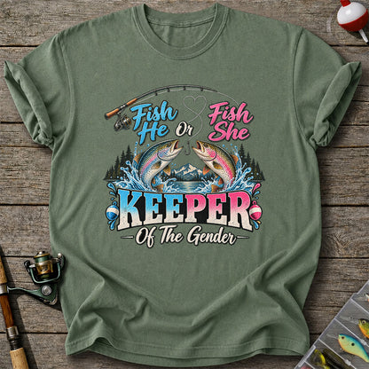 Fish He or Fish She Keeper of the Gender Rainbow Trout Fishing Gender Reveal T-Shirt
