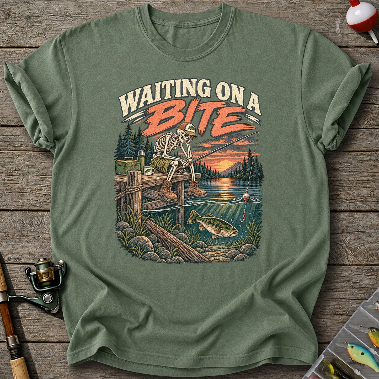 Waiting on a Bite Skeleton Bass Fishing Graphic T-Shirt