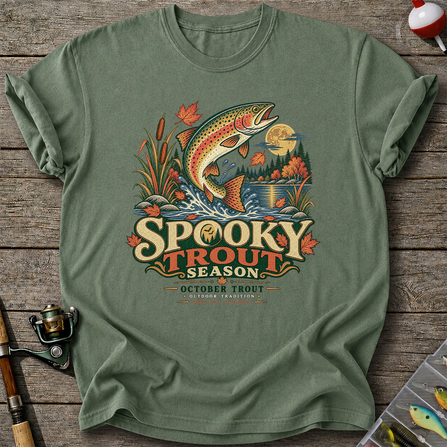 Spooky Trout Season Mid-Fall Fishing Graphic T-Shirt