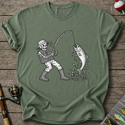 Skeleton Angler Catching a Trout Fishing Graphic T-Shirt