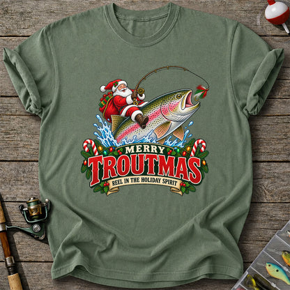Merry Troutmas Reel in the Holiday Spirit Santa Riding Rainbow Trout Christmas Fishing T-Shirt