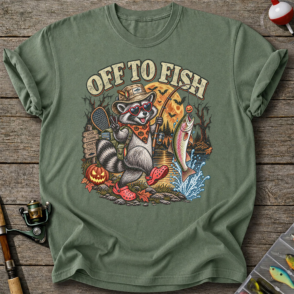 Off to Fish Raccoon and Trout Halloween T-Shirt - Good Fishing Spooky Times