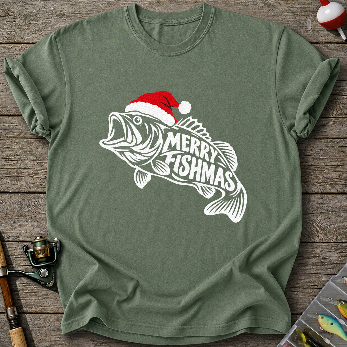 Santa Hat Fish Christmas Fishing Graphic T-Shirt