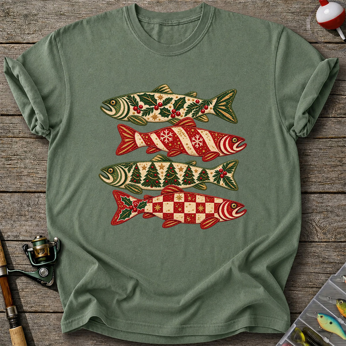 Christmas Trout Holiday Pattern Fishing Graphic T-Shirt