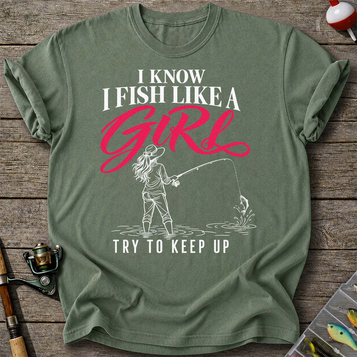 Funny Woman Fishing Graphic T-Shirt with Line Art Design