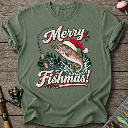 Merry Fishmas Rainbow Trout in Santa Hat Christmas Fishing T-Shirt, Trout Fishing