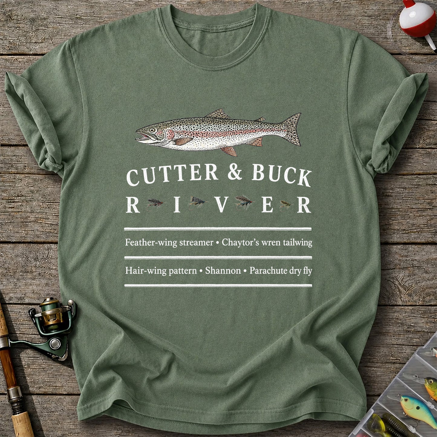River Rainbow Trout and Classic Fly Patterns Fishing T-Shirt