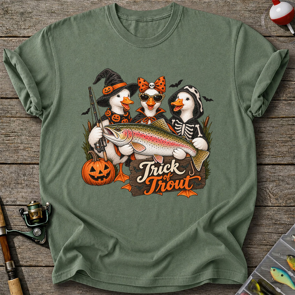 Trick of Trout Halloween Ducks with Rainbow Trout Fishing T-Shirt