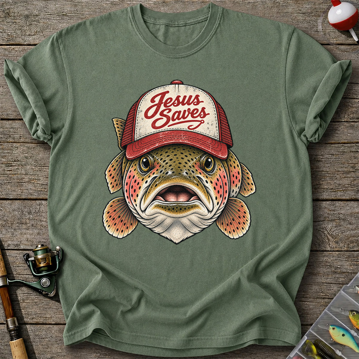 Jesus Saves Rainbow Trout in a Trucker Hat Fishing T-Shirt