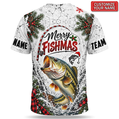Personalized Christmas Bass and Angler Heartbeat Fishing 3D T-Shirt