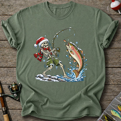Christmas Skeleton Angler Catching a Rainbow Trout Fishing T-Shirt