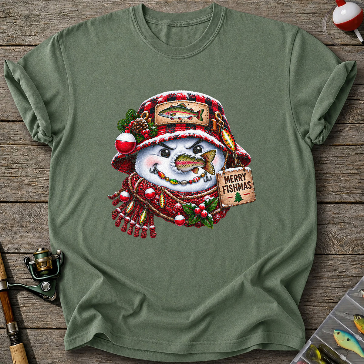 Merry Fishmas Snowman with Rainbow Trout Christmas Fishing T-Shirt