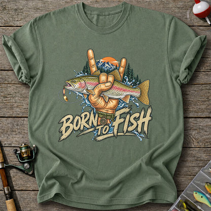 Born to Fish Rainbow Trout Rock Hand Sign Fishing T-Shirt