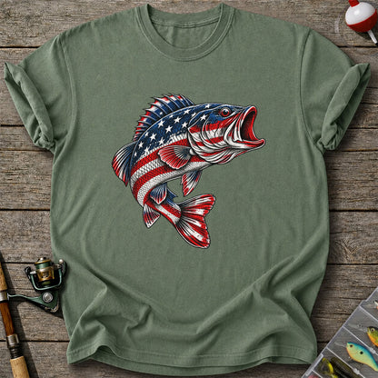 American Flag Largemouth Bass Patriotic Fishing Graphic T-Shirt