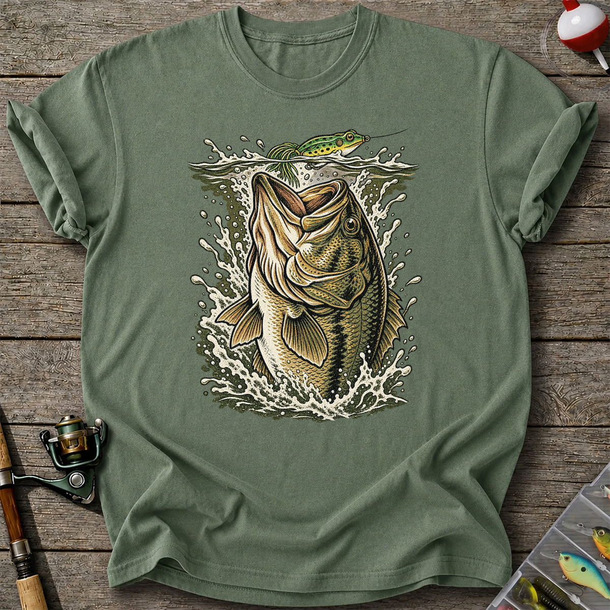 Largemouth Bass Striking a Frog Lure Fishing Graphic T-Shirt
