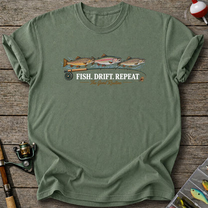 Fish. Drift. Repeat. The Good Routine Trout Fly Fishing T-Shirt