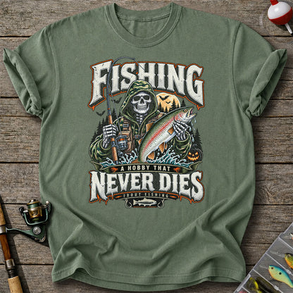 Fishing A Hobby That Never Dies Skeleton Holding Rainbow Trout Halloween T-Shirt