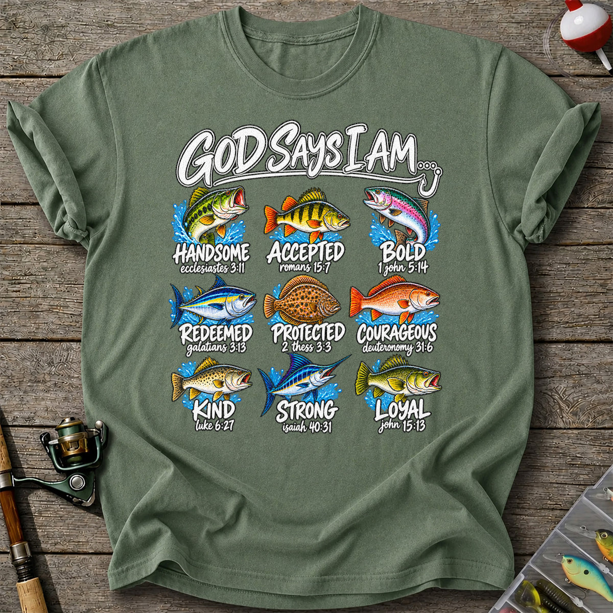 God Says I Am Christian Fish and Bible Verse Fishing Graphic T-Shirt