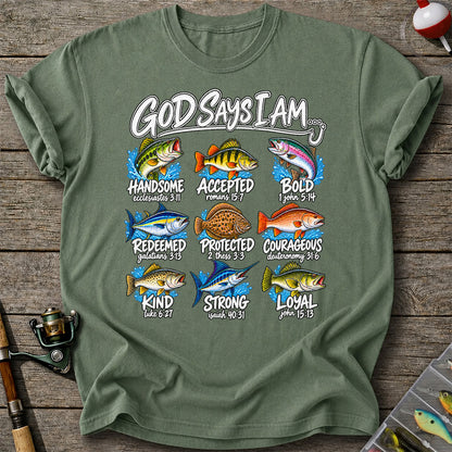 God Says I Am Christian Fish and Bible Verse Fishing Graphic T-Shirt