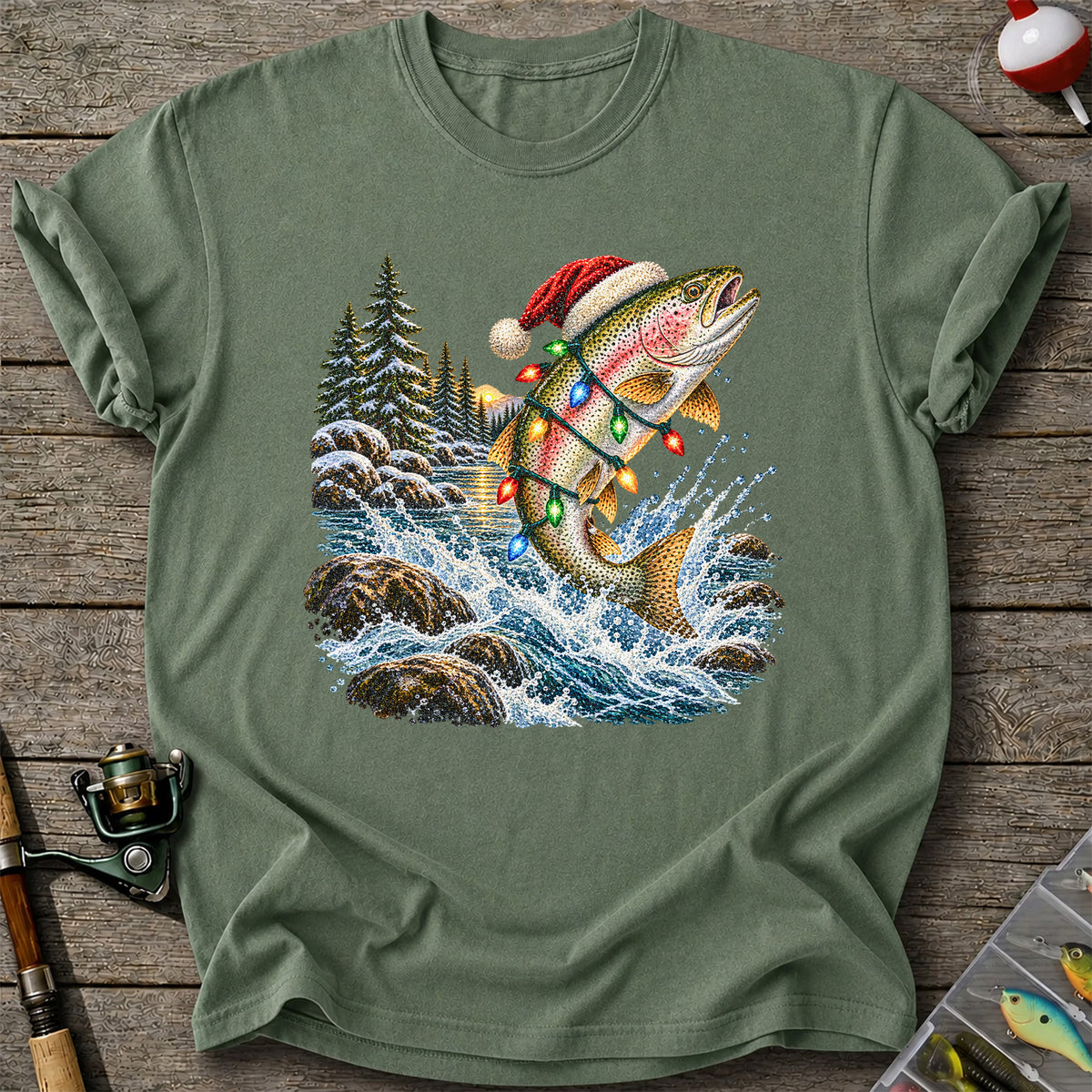 Santa Hat Rainbow Trout Christmas Fishing Graphic T-Shirt
