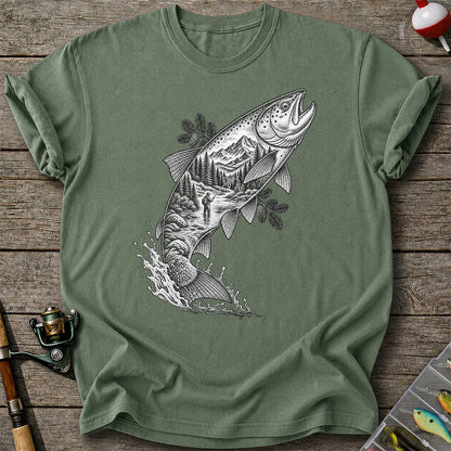 Leaping Trout with Mountain River and Angler Fishing Graphic T-Shirt