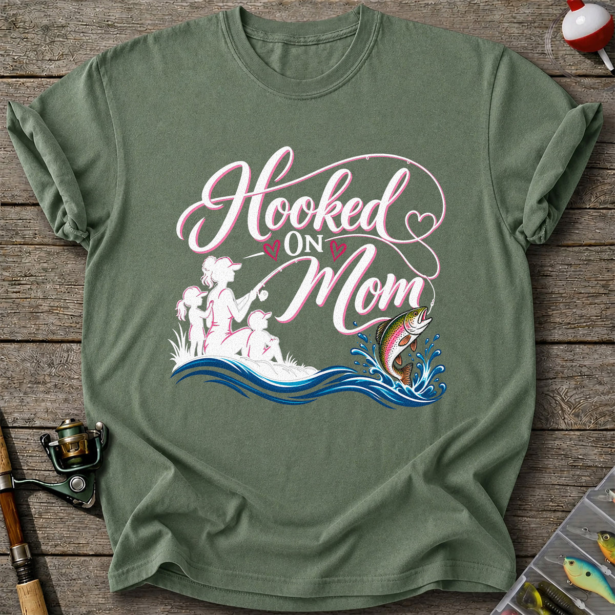 Hooked on Mom Rainbow Trout Family Fishing T-Shirt