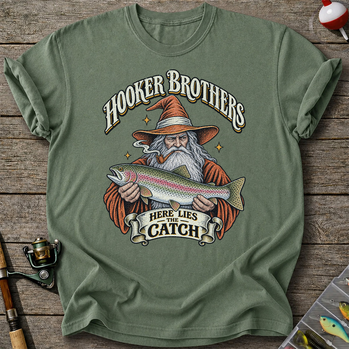 Hooker Brothers Here Lies the Catch Wizard Trout Fishing T-Shirt