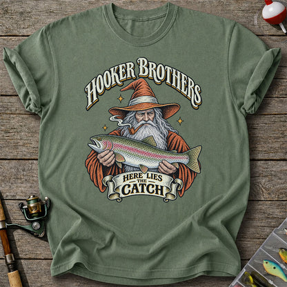 Hooker Brothers Here Lies the Catch Wizard Trout Fishing T-Shirt