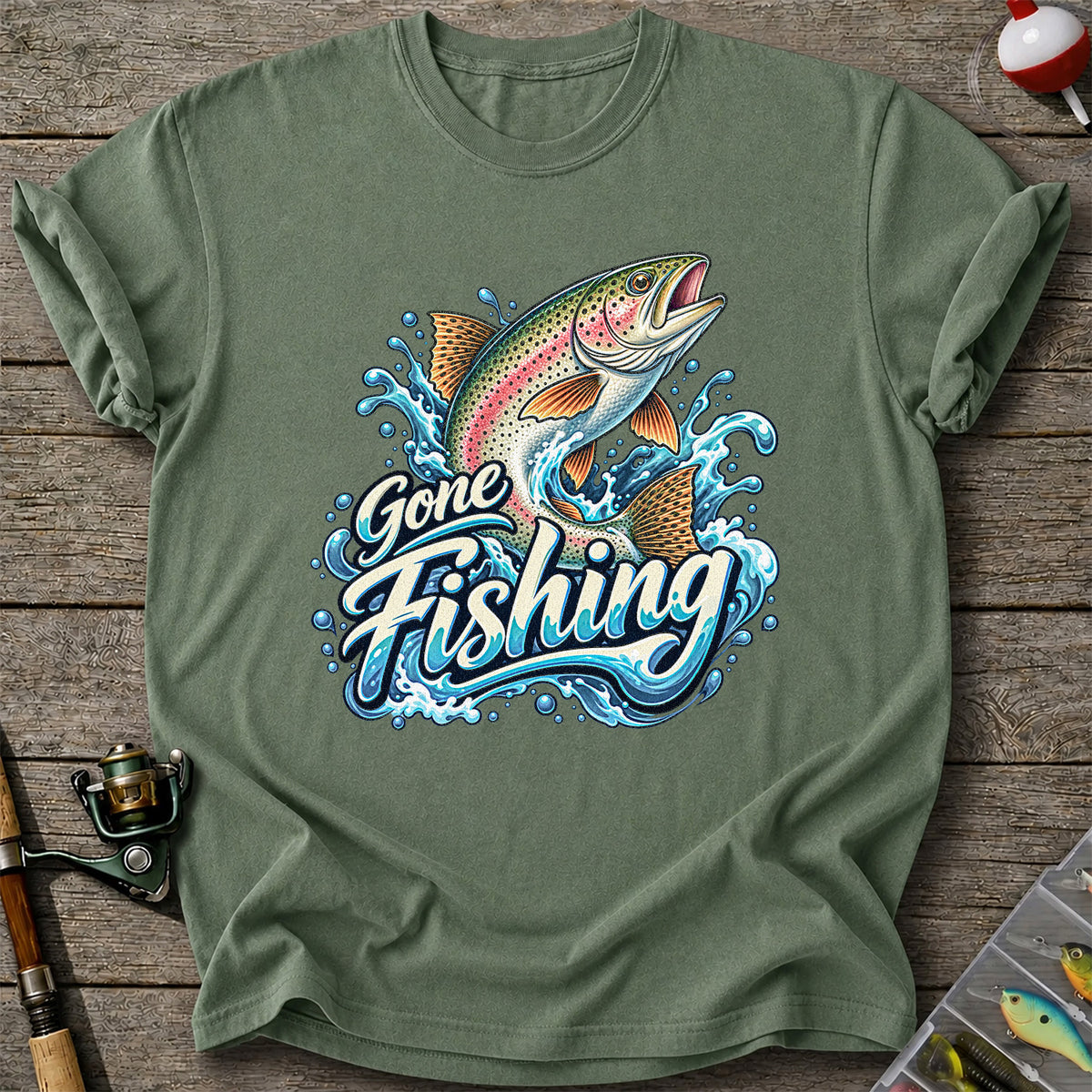 Gone Fishing Jumping Rainbow Trout Splash Graphic T-Shirt
