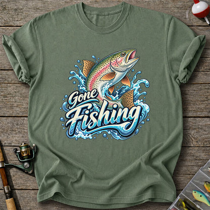 Gone Fishing Jumping Rainbow Trout Splash Graphic T-Shirt