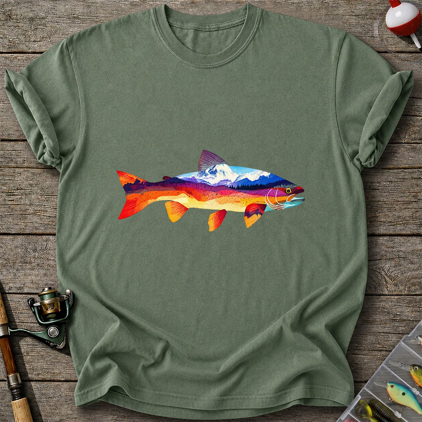 Mountain Sunset Trout Silhouette Fishing Graphic T-Shirt