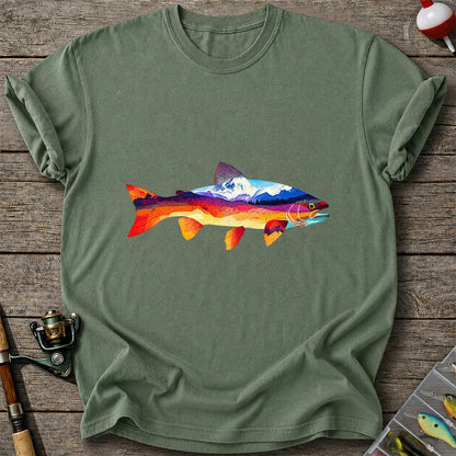 Mountain Sunset Trout Silhouette Fishing Graphic T-Shirt