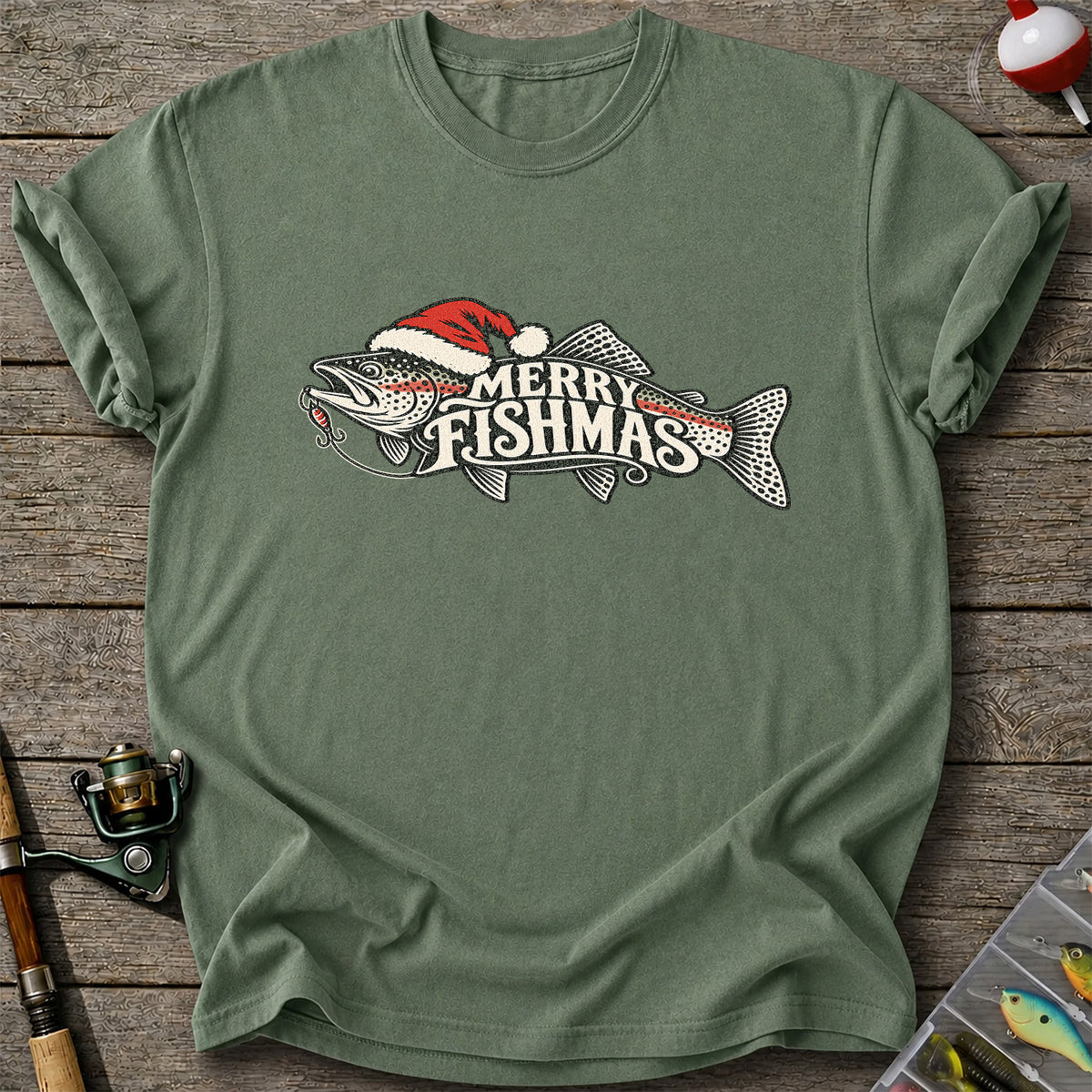 Merry Fishmas Rainbow Trout with Red Santa Hat and Lure Fishing T-Shirt