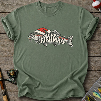 Merry Fishmas Rainbow Trout with Red Santa Hat and Lure Fishing T-Shirt