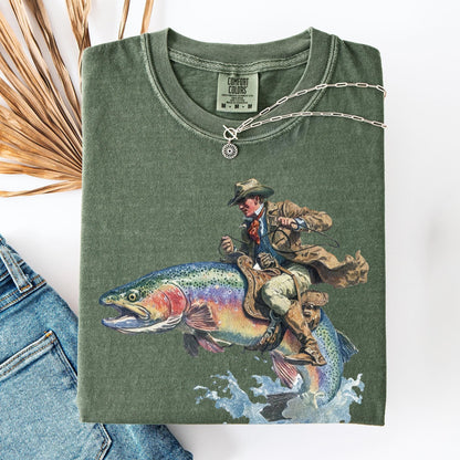 Cowboy Riding Rainbow Trout Fishing T-Shirt