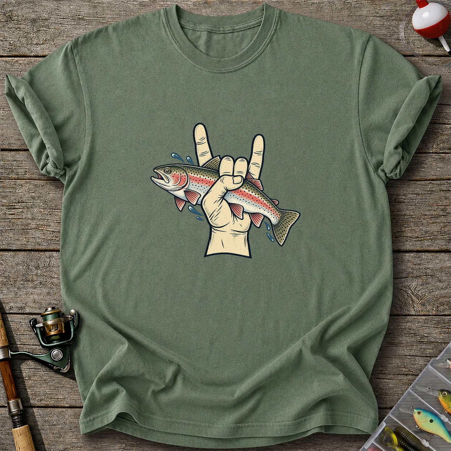 Rainbow Trout Rock On Hand Gesture Fishing Graphic T-Shirt