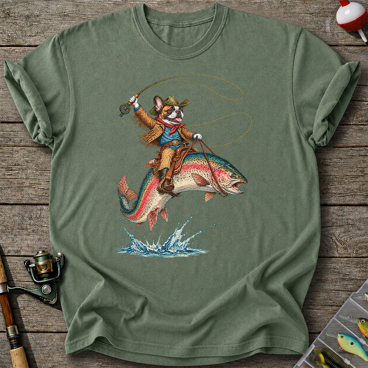 Cowboy French Bulldog Riding a Rainbow Trout Fishing T-Shirt