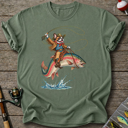 Cowboy French Bulldog Riding a Rainbow Trout Fishing T-Shirt