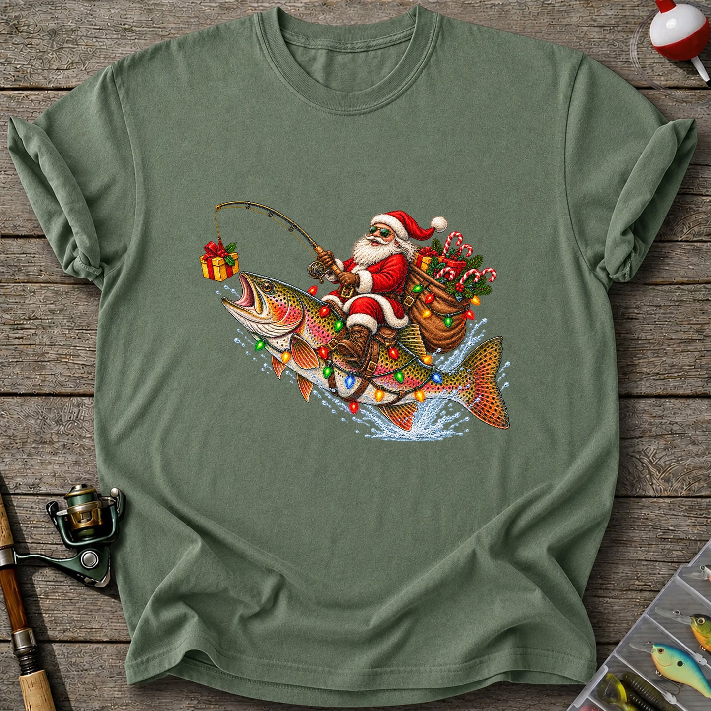 Santa Riding a Rainbow Trout Christmas Fishing Graphic T-Shirt