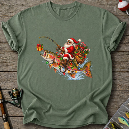 Santa Riding a Rainbow Trout Christmas Fishing Graphic T-Shirt
