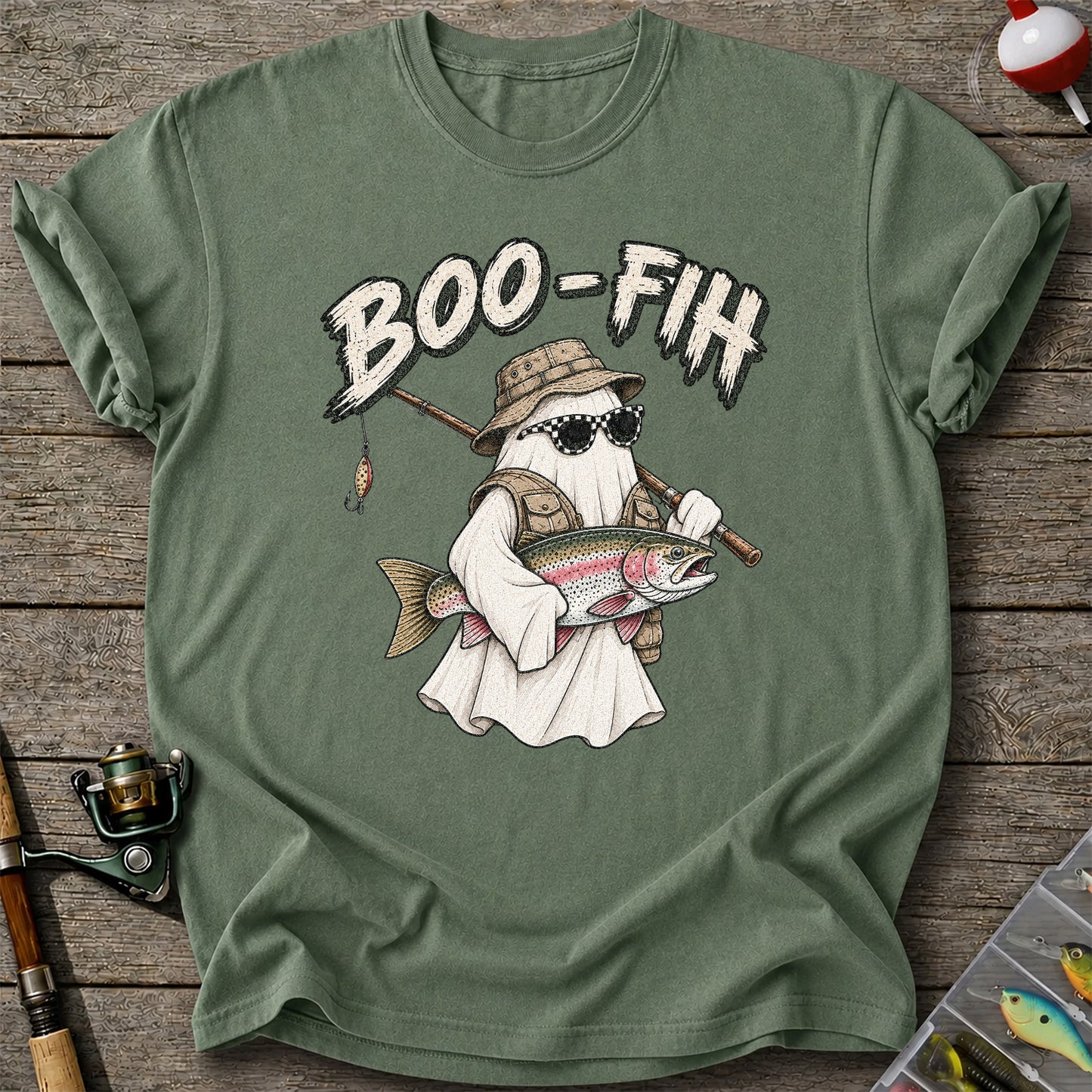 Boo-Fish Ghost Holding Rainbow Trout Fishing Graphic T-Shirt