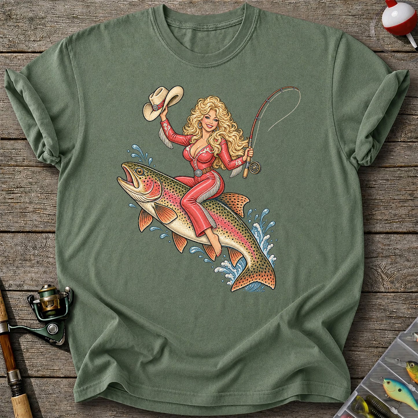Cowgirl Riding a Rainbow Trout Western Fishing Graphic T-Shirt