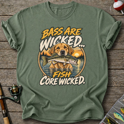 Bass Are Wicked Fish Core Wicked Dog Holding Bass Fishing T-Shirt