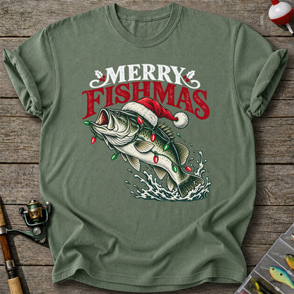 Christmas Bass Fishing Graphic T-Shirt with Santa Hat