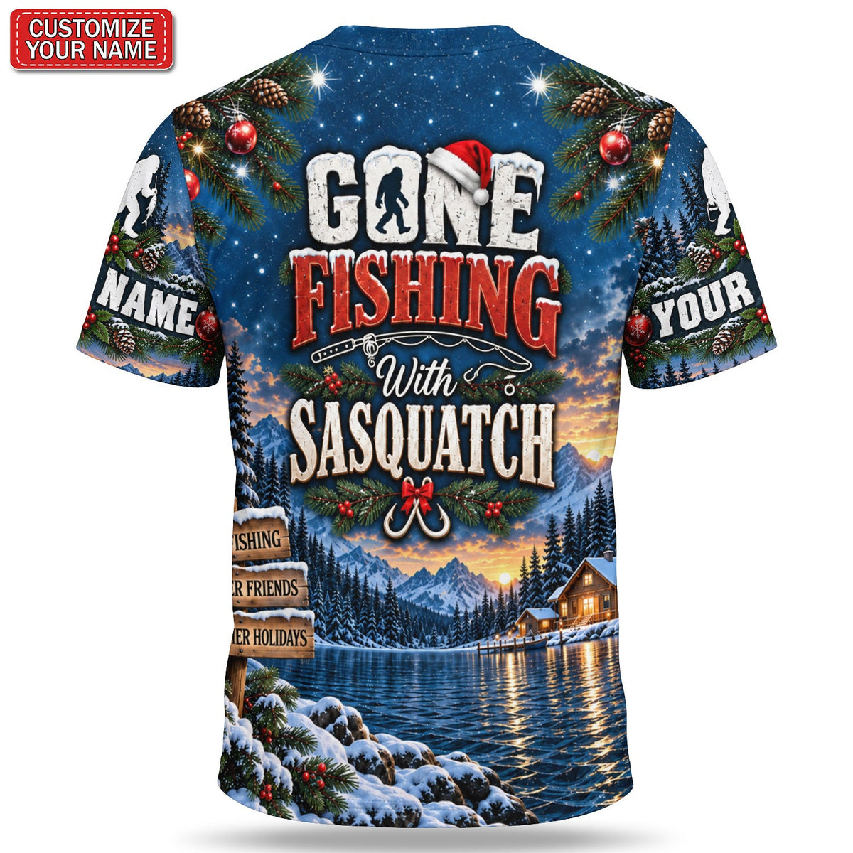 Personalized Christmas Bear Fishing Graphic T-Shirt
