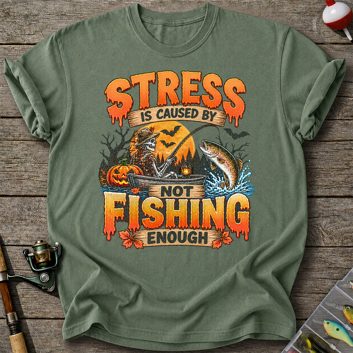 Stress Is Caused by Not Fishing Enough Skeleton Halloween Trout T-Shirt