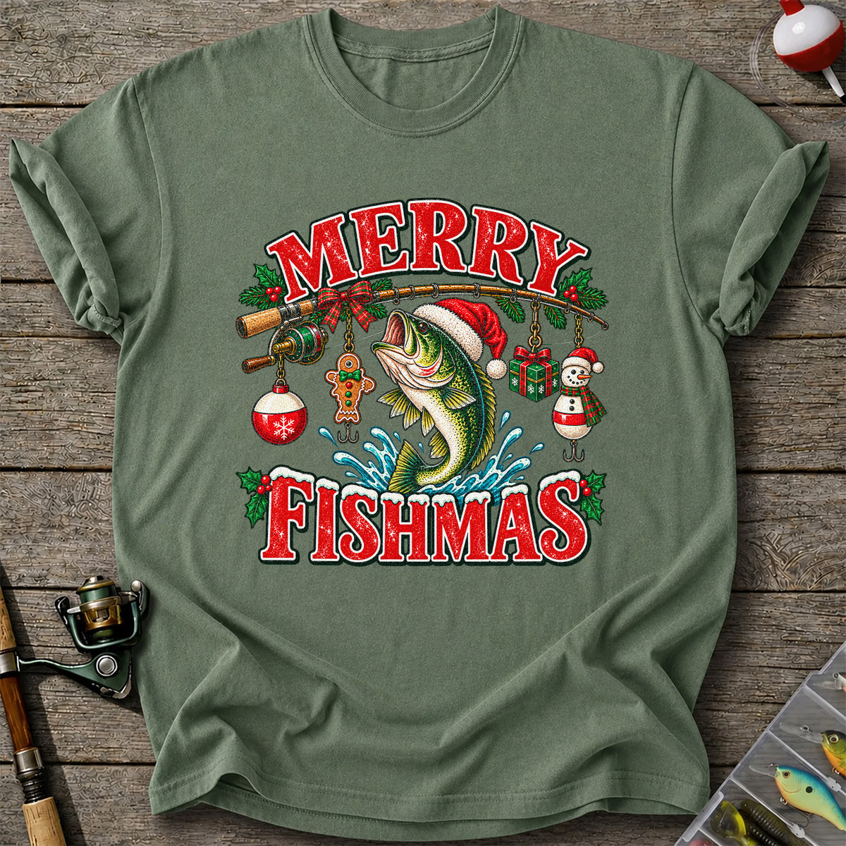 Merry Fishmas Santa Bass Christmas Fishing Graphic T-Shirt