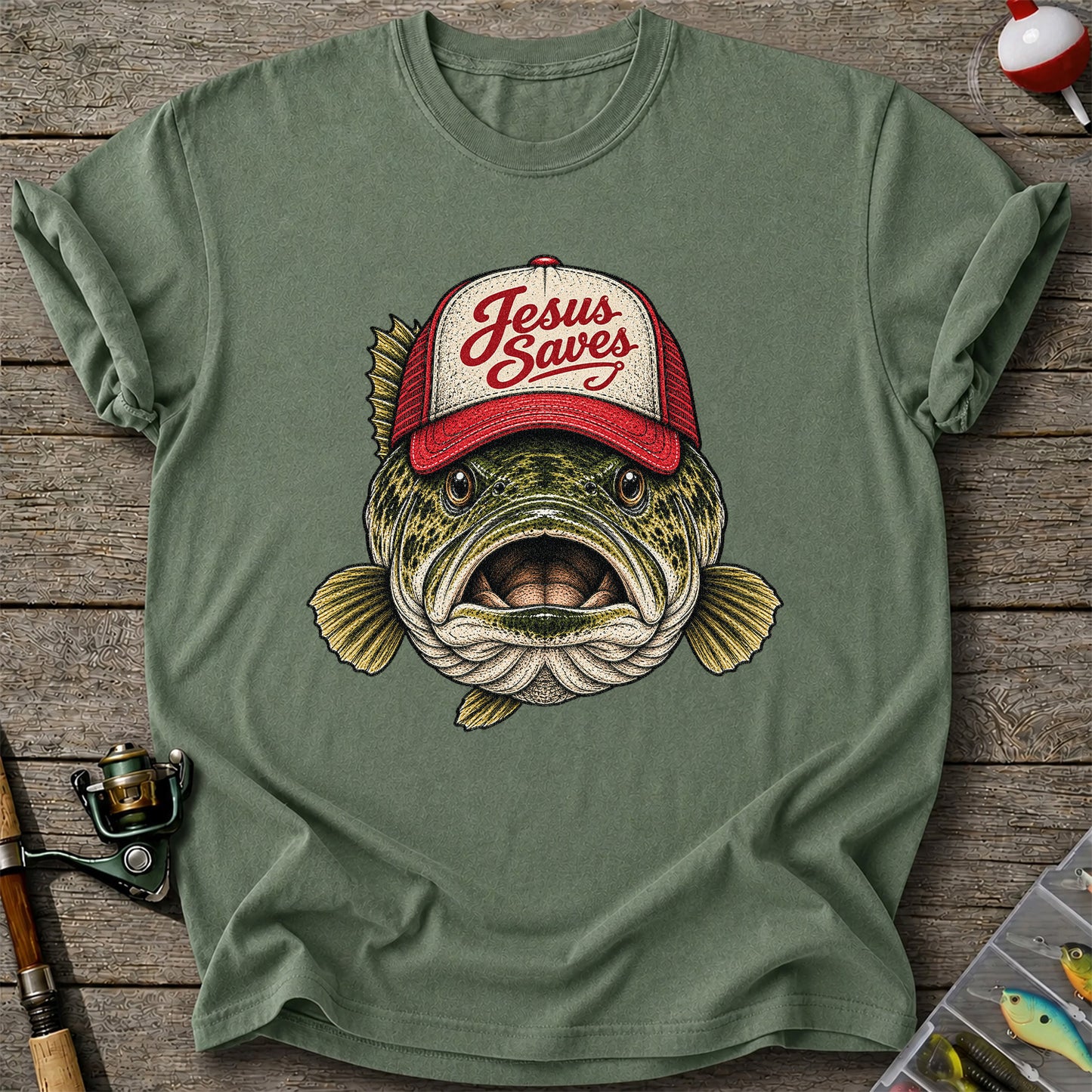Jesus Saves Largemouth Bass in a Trucker Hat Fishing T-Shirt