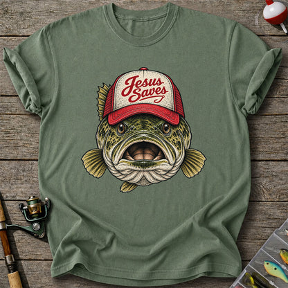Jesus Saves Largemouth Bass in a Trucker Hat Fishing T-Shirt