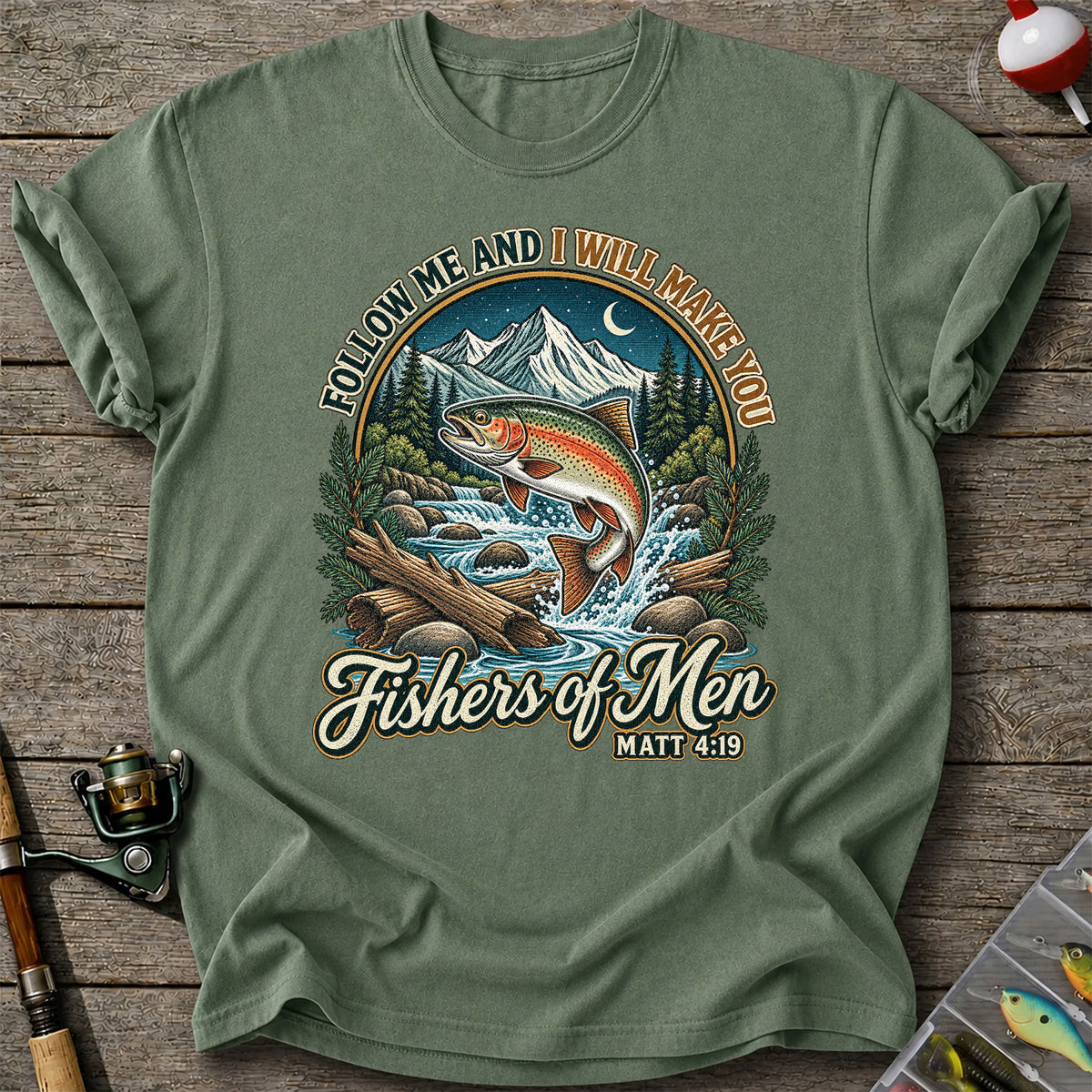 Follow Me and I Will Make You Fishers of Men Matt 4:19 Rainbow Trout Mountain River Fishing T-Shirt